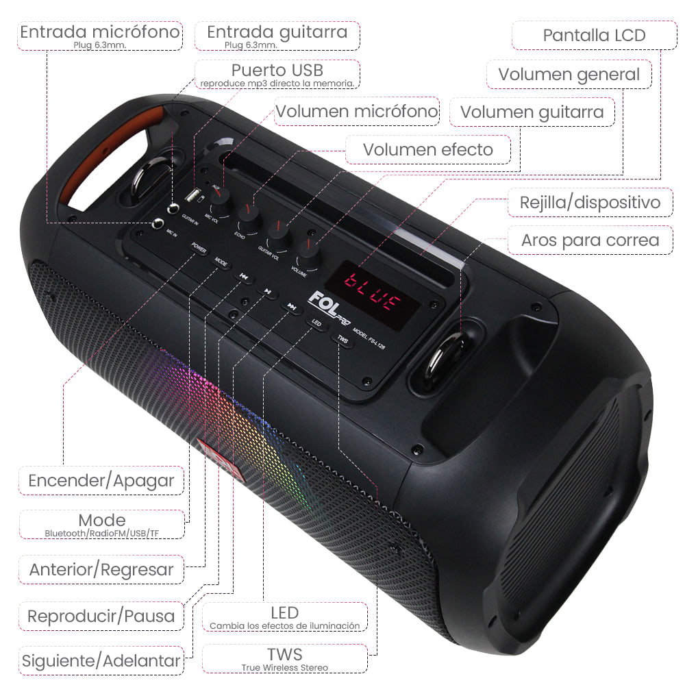 Bocina Bluetooth 50W 2000mAh entrada para Guitarra inc. Micrófono FOL FS-L1284