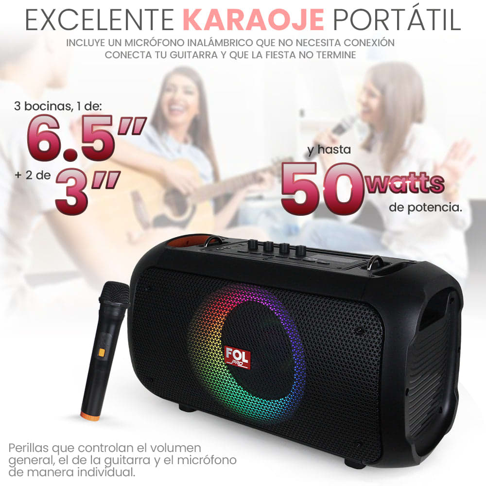 Bocina Bluetooth 50W 2000mAh entrada para Guitarra inc. Micrófono FOL FS-L1283