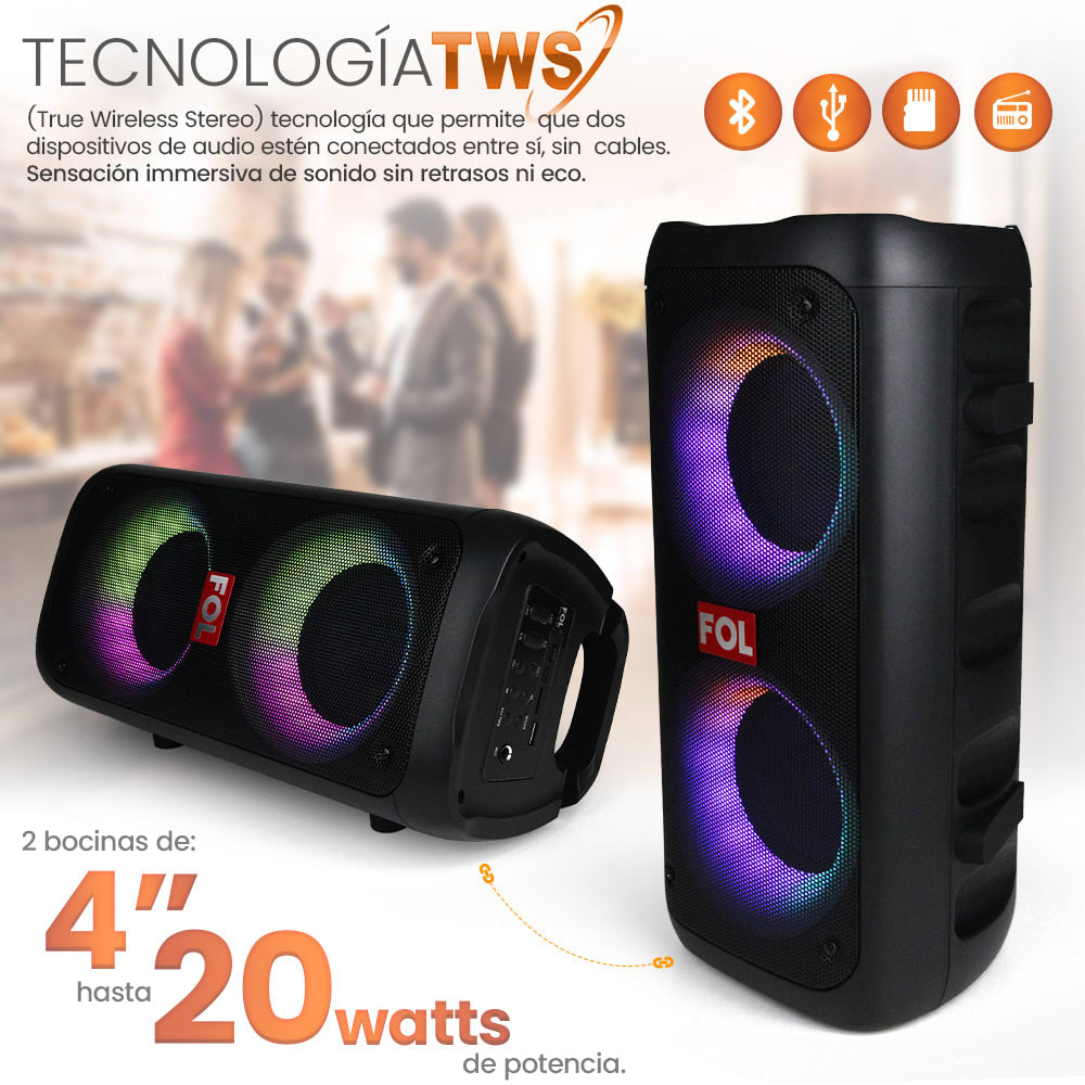 Bocina FOL Bluetooth Estéreo 20W 2200mAh Sonido inmersivo5