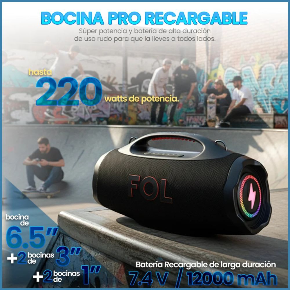 Bocina FOL FS-R208 220W 12000mAh 10hrs de bateria Bluetooth IPX66