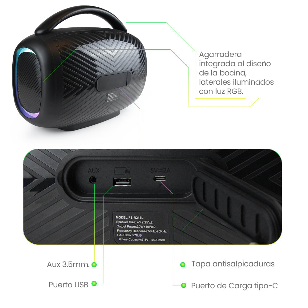 Bocina Bluetooth 50W 4400mAh TWS FOL FS-R213L6