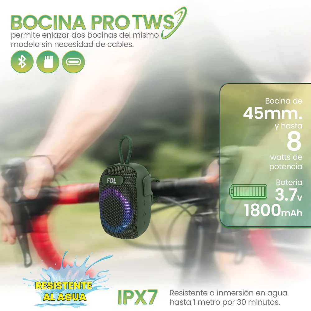 Bocina Moto Bluetooth FOL FS-S195 TF Card Radio FM 1800mAh 8W Resistente al agua IPX62