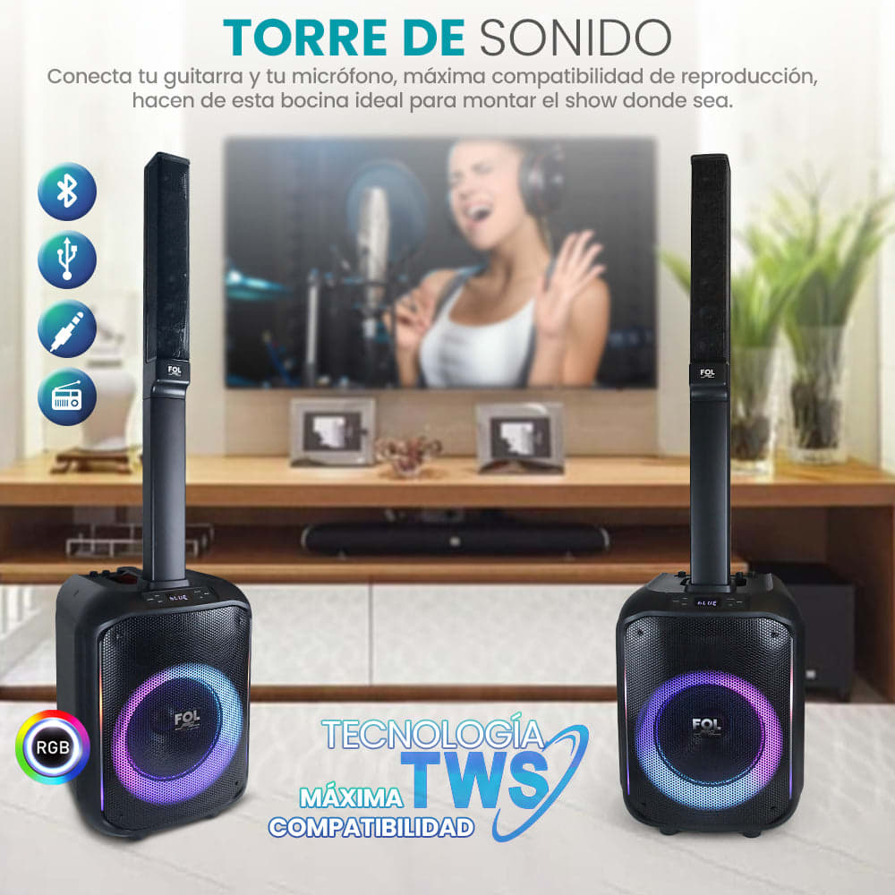 Torre de Sonido 100W Subwoofer 10? + 4 bocinas de 2.25?con Micrófono Recargable FS-T8686