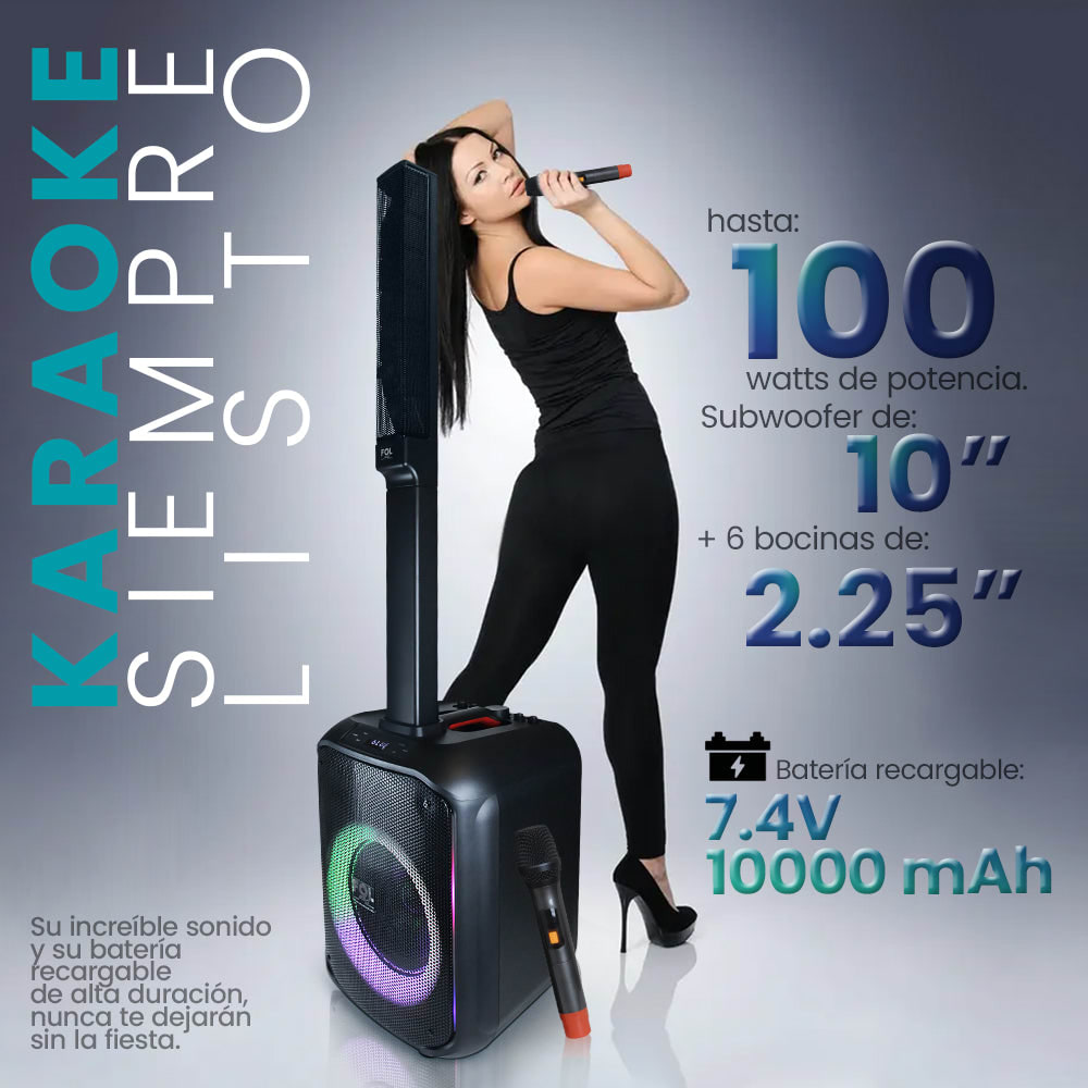 Torre de Sonido 100W Subwoofer 10? + 4 bocinas de 2.25?con Micrófono Recargable FS-T8685