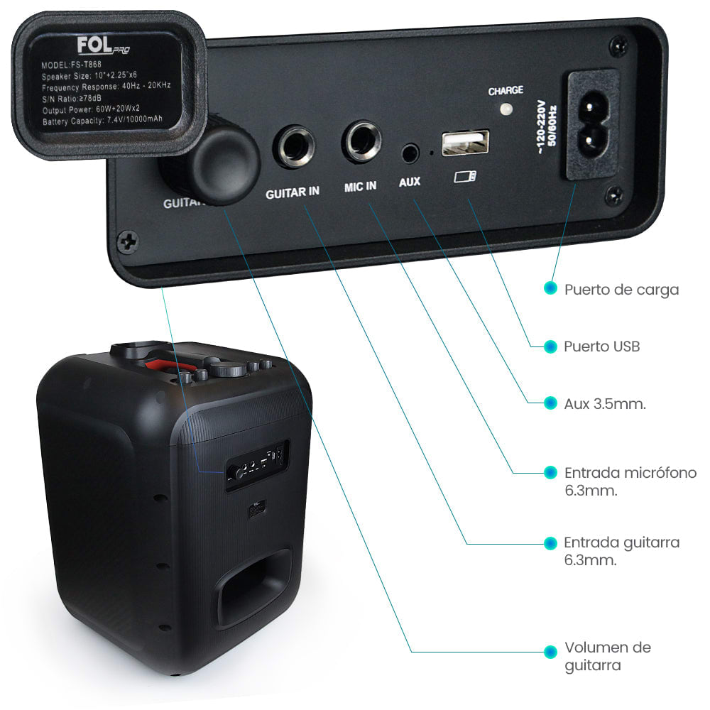 Torre de Sonido 100W Subwoofer 10? + 4 bocinas de 2.25?con Micrófono Recargable FS-T8683