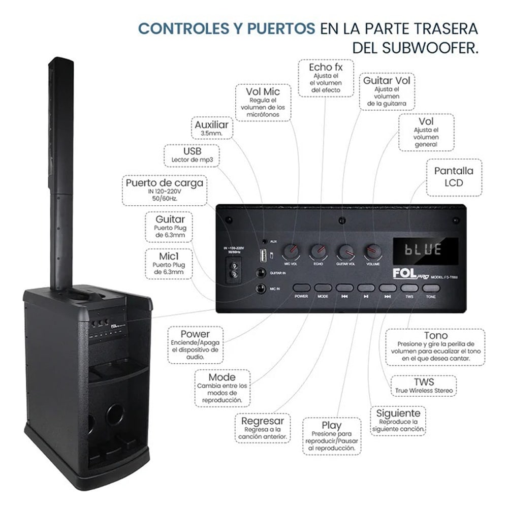 Torre De Audio Con Subwoofer 10 pulgadas más 6 bocinas 420W FS-T8882