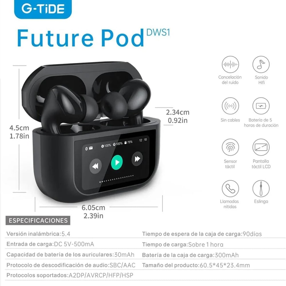Audífonos FUTURE POD Cancelación Ruido Lcd Táctil 30mAh / 300mAh G-TIDE7
