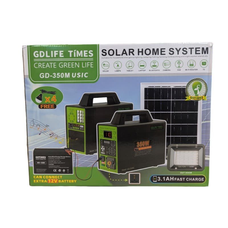 Generador Solar Greate Green Life de 350 Vatios panel solar 16v 75w reflector, bocina 4 bombillas10