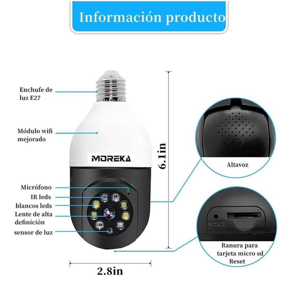 Cámara Foco 360° Wifi 2MP Visión Nocturna Certificación IP44 Micrófono y altavoz JK-0053