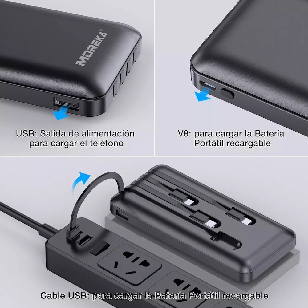 Power Bank Moreka K050 10000 cables C USB AM Lightning y Micro USB 7