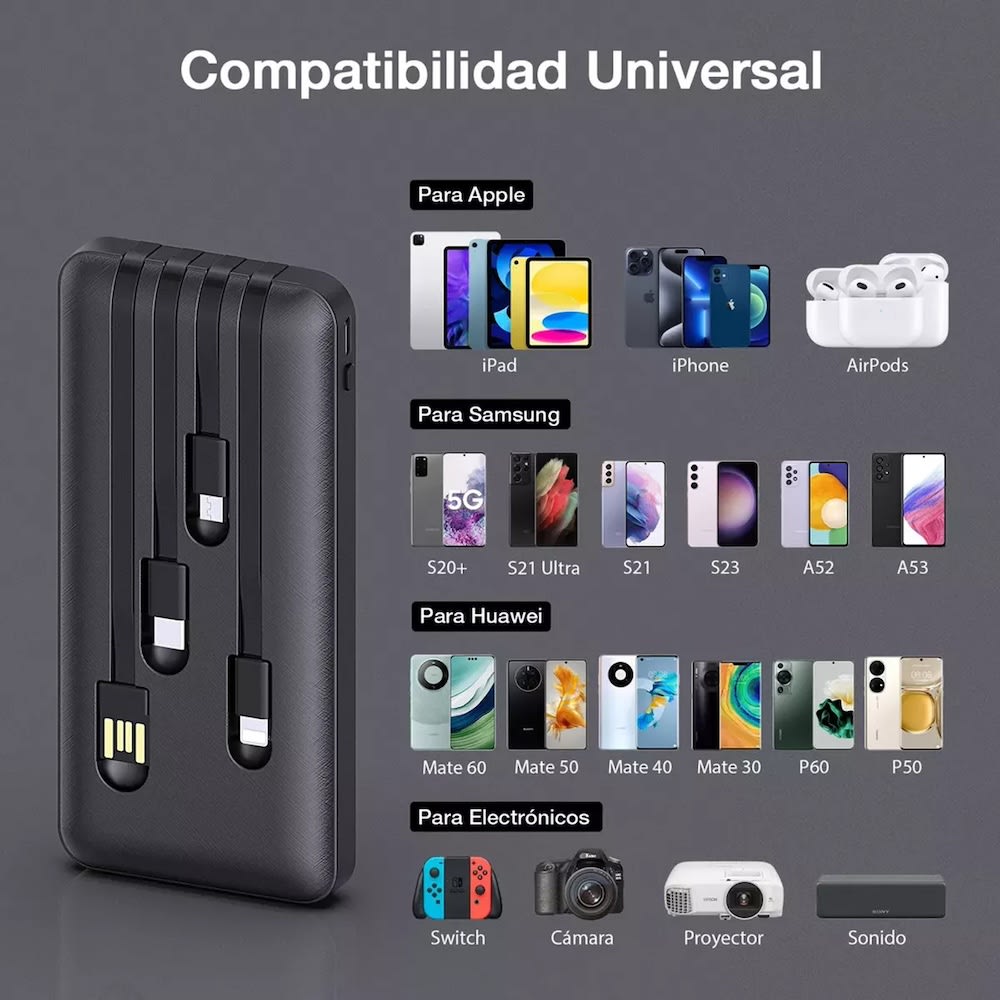 Power Bank Moreka K050 10000 cables C USB AM Lightning y Micro USB 4