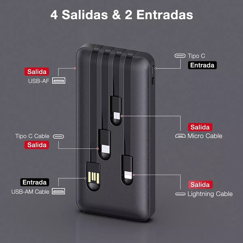 Power Bank Moreka K050 10000 cables C USB AM Lightning y Micro USB 5