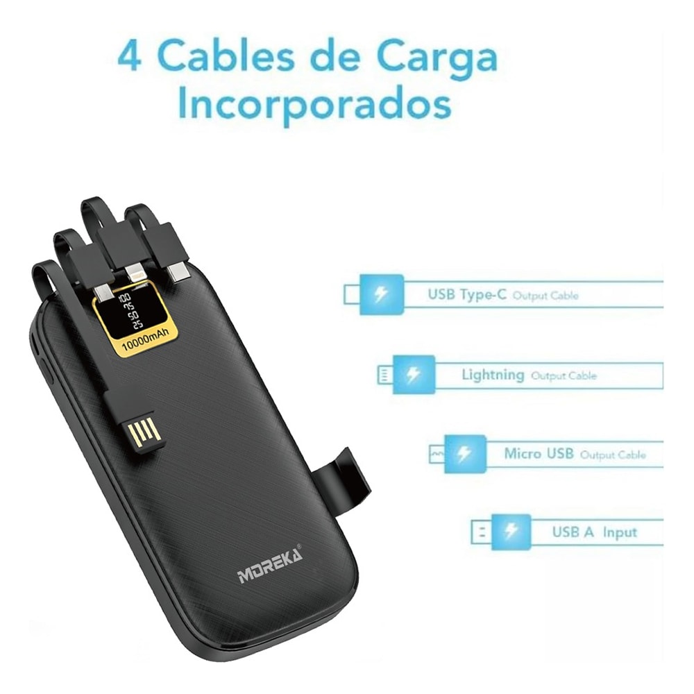 Power Bank Moreka K050A 10000 mAh 37Wh múltiples cables5