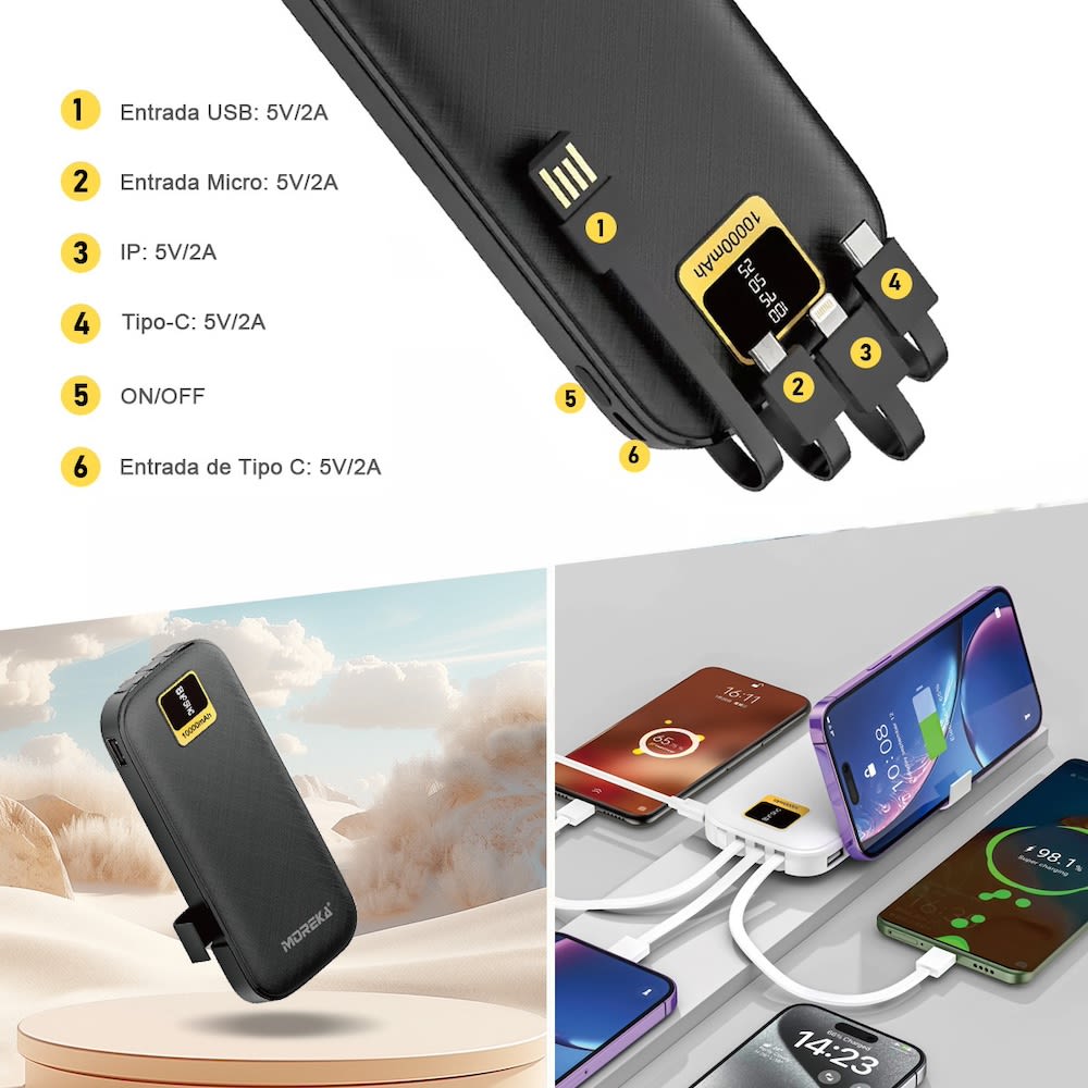 Power Bank Moreka K050A 10000 mAh 37Wh múltiples cables3