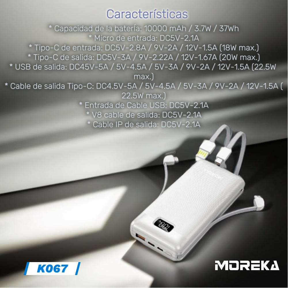 Powerbank Moreka K067 10000 mAh 3.7W Tipo C V8 IP3