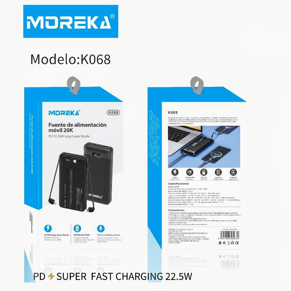 Power bank Moreka K068 20000 mAh 22.5W Tipo C IP V810