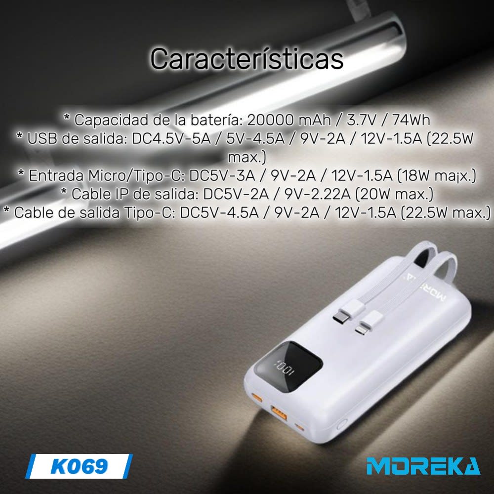 Powerbank Moreka K069 20000 mAh 22.5W Tipo C IP4