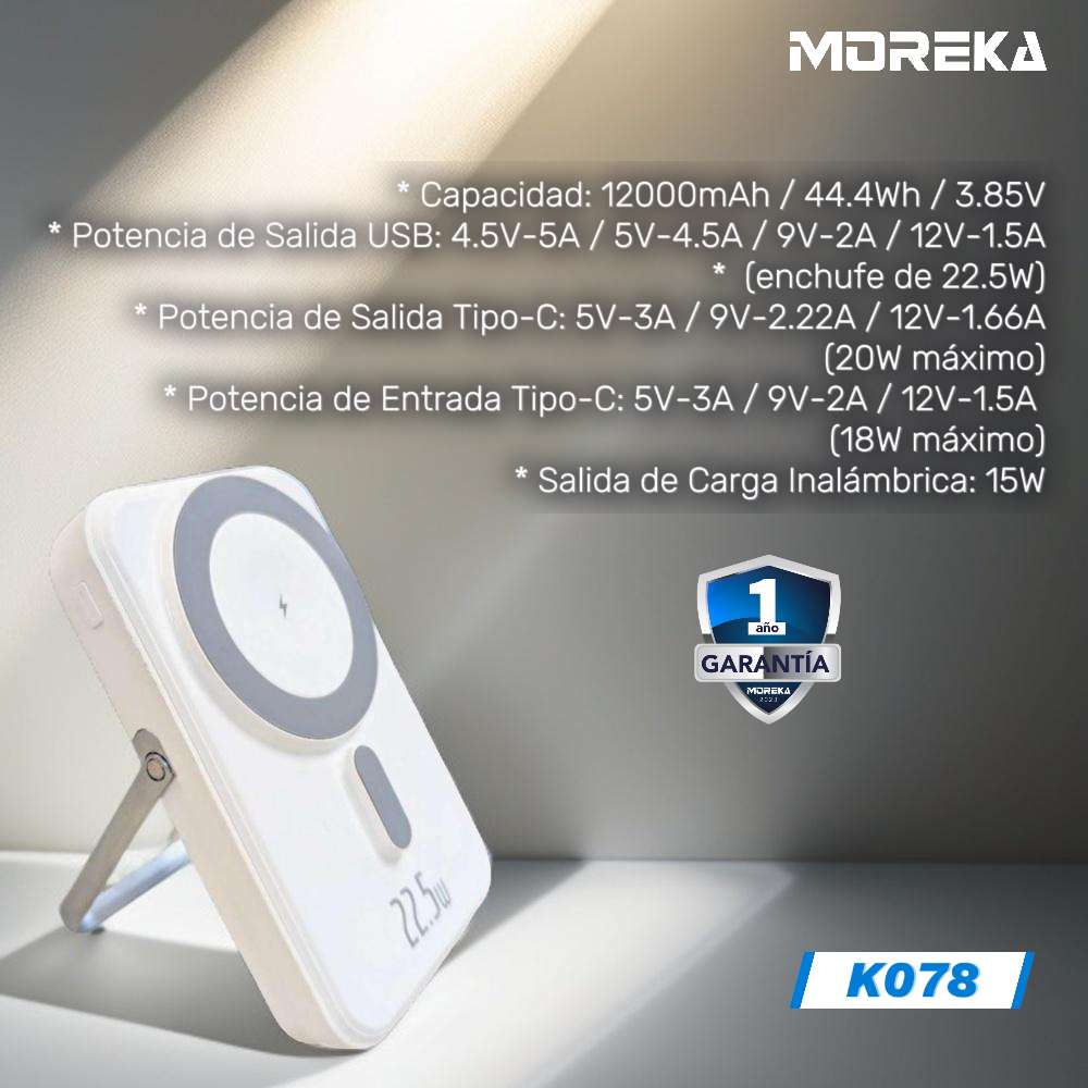 Power Bank Moreka K078 12000 mAh 22.5W carga magnética y cable C4