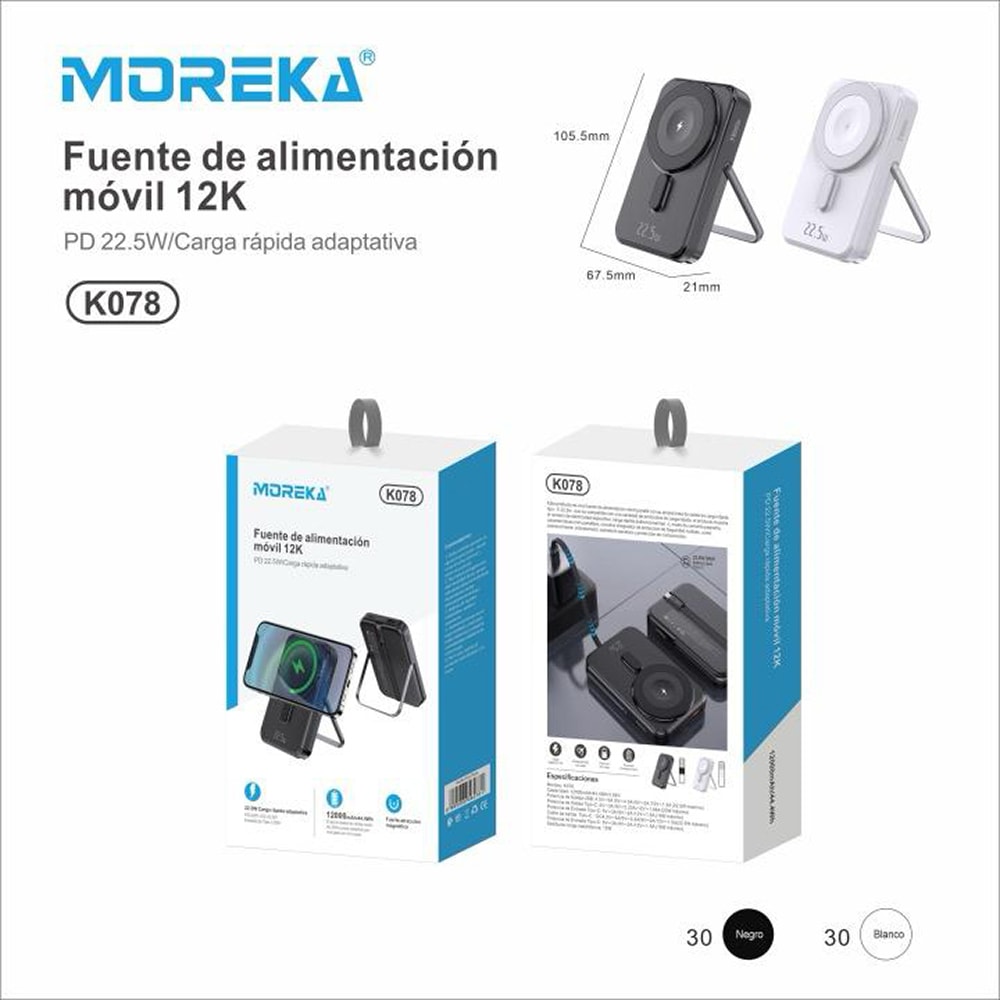 Power Bank Moreka K078 12000 mAh 22.5W carga magnética y cable C9