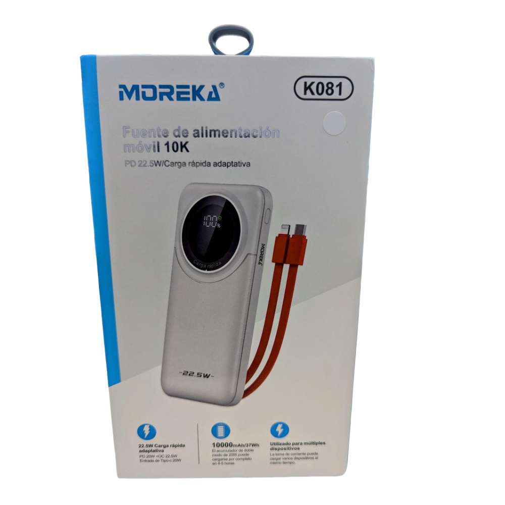 Power Bank Moreka K081 10000 mAh 22.5W cables IP y C8