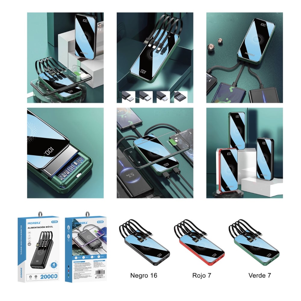 Power bank 20000 mAh con cables Tipo C V8 IP6