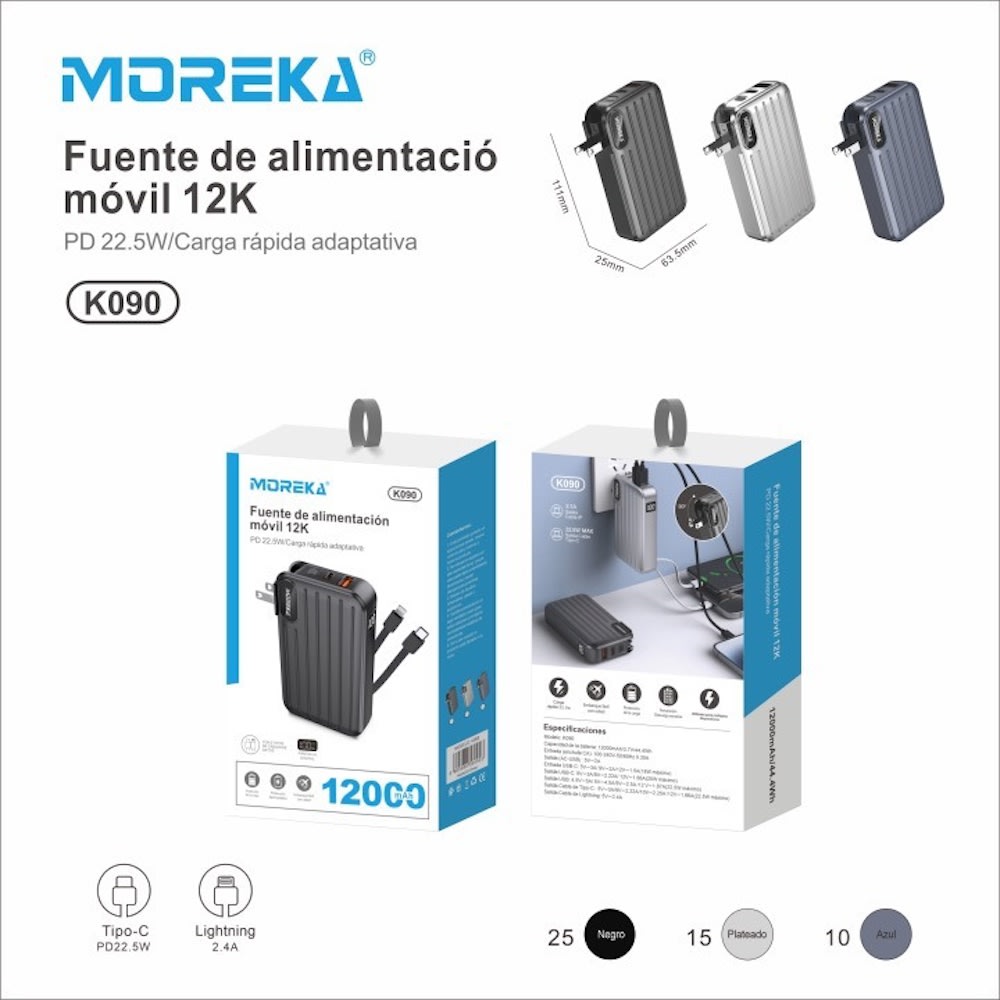 Power Bank Moreka K090 12000 mAh 22.5W cable IP y C clavija plegable10