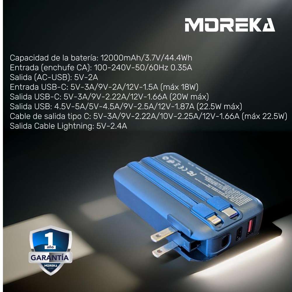 Power Bank Moreka K090 12000 mAh 22.5W cable IP y C clavija plegable5