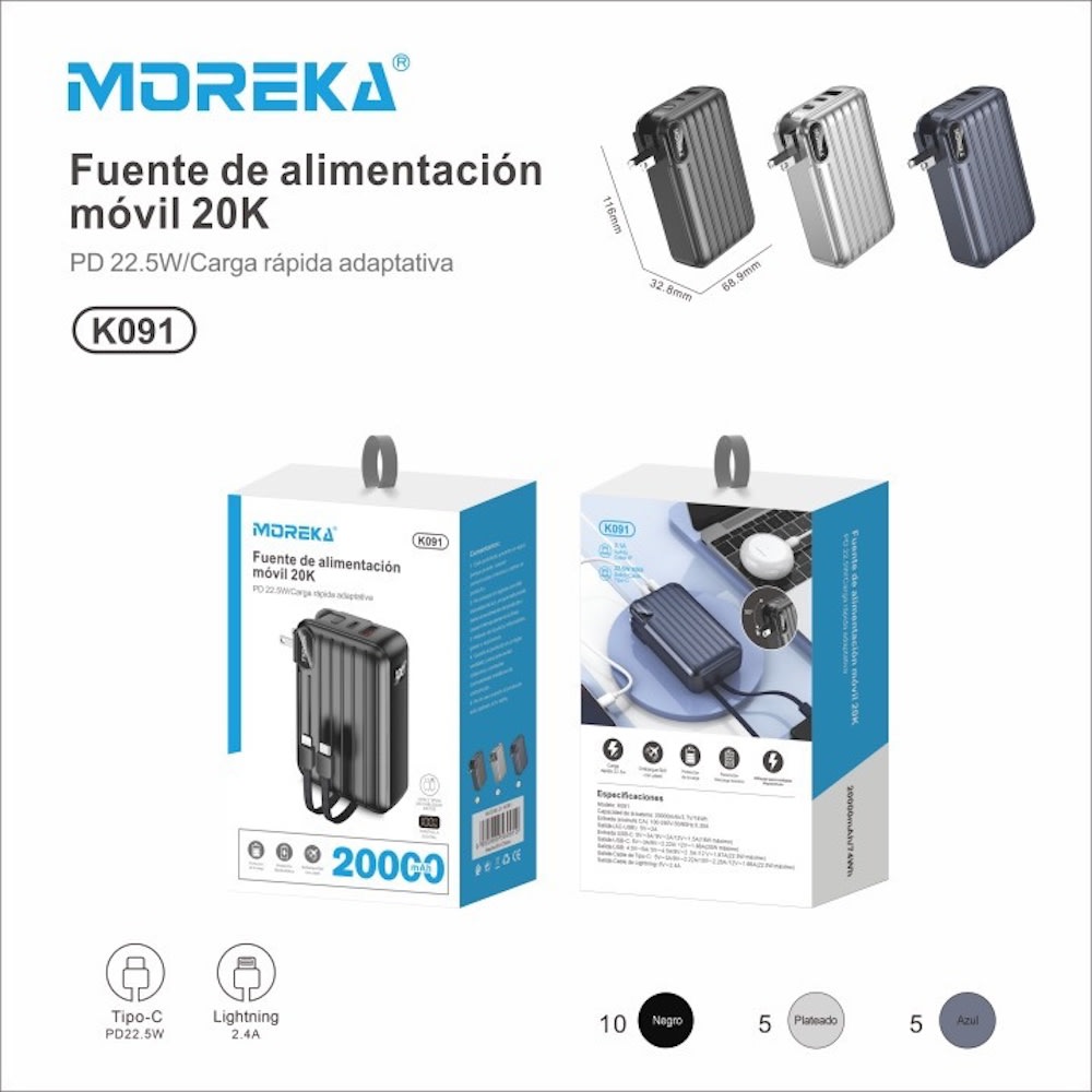 Power Bank Moreka K091 20000 mAh 22.5W cable tipo C y tipo IP clavija plegable10