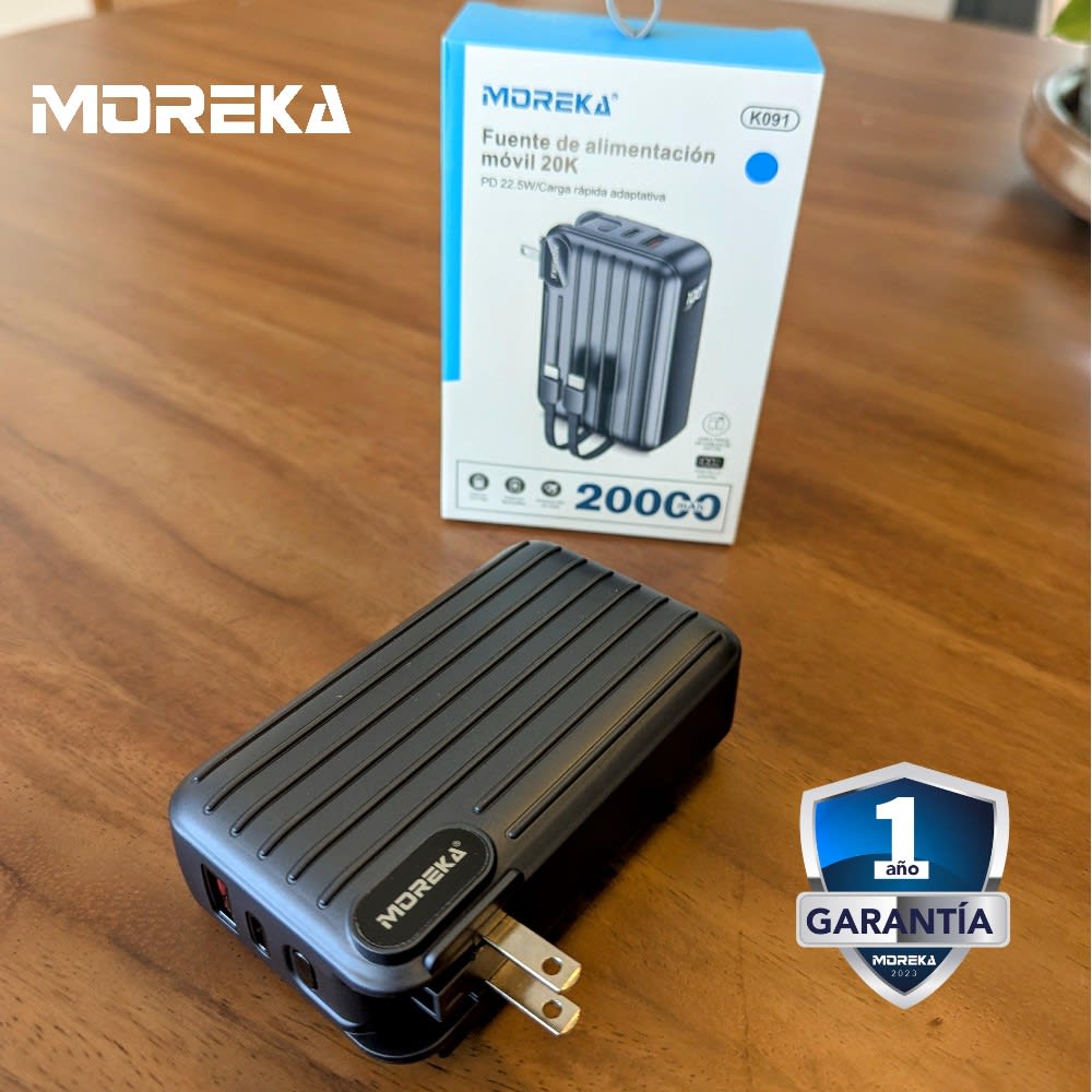 Power Bank Moreka K091 20000 mAh 22.5W cable tipo C y tipo IP clavija plegable4