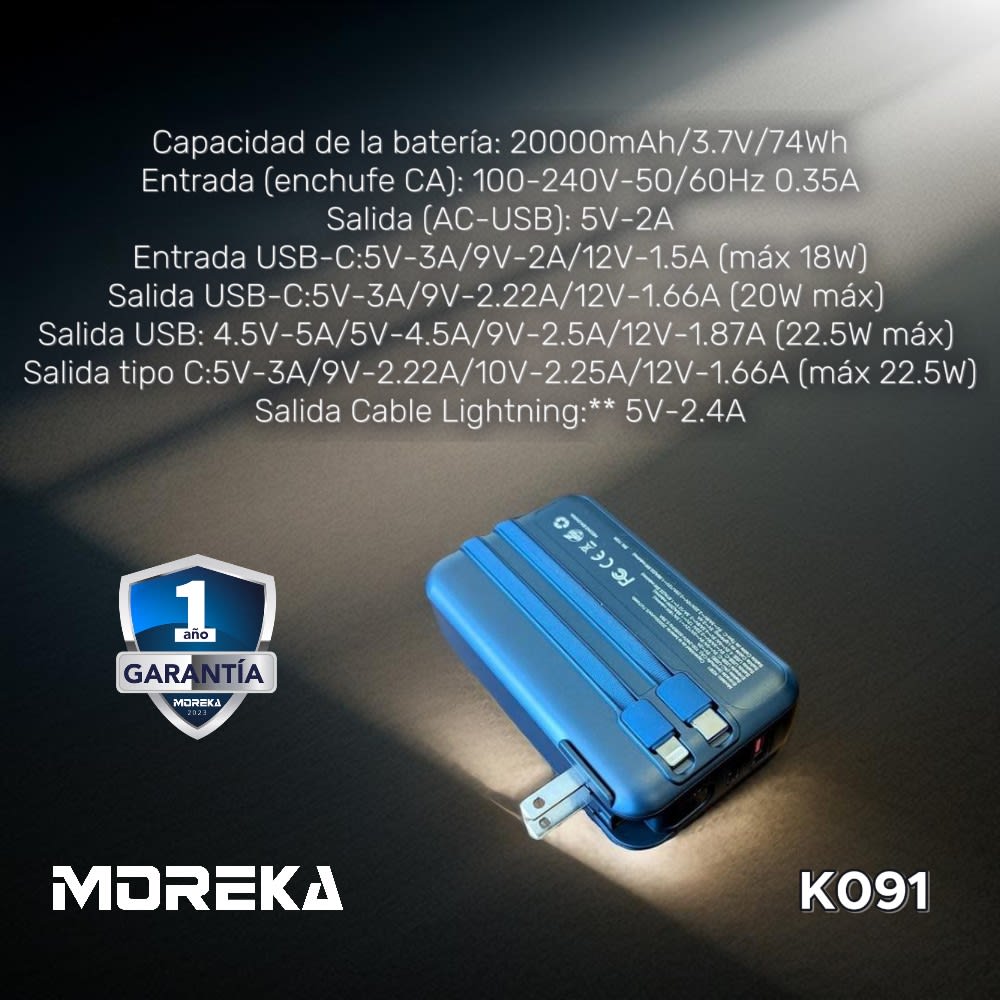 Power Bank Moreka K091 20000 mAh 22.5W cable tipo C y tipo IP clavija plegable3