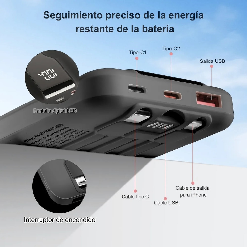 Power Bank Moreka K092 10000mAh 22.5W cables C USB Lightning y Micro USB4