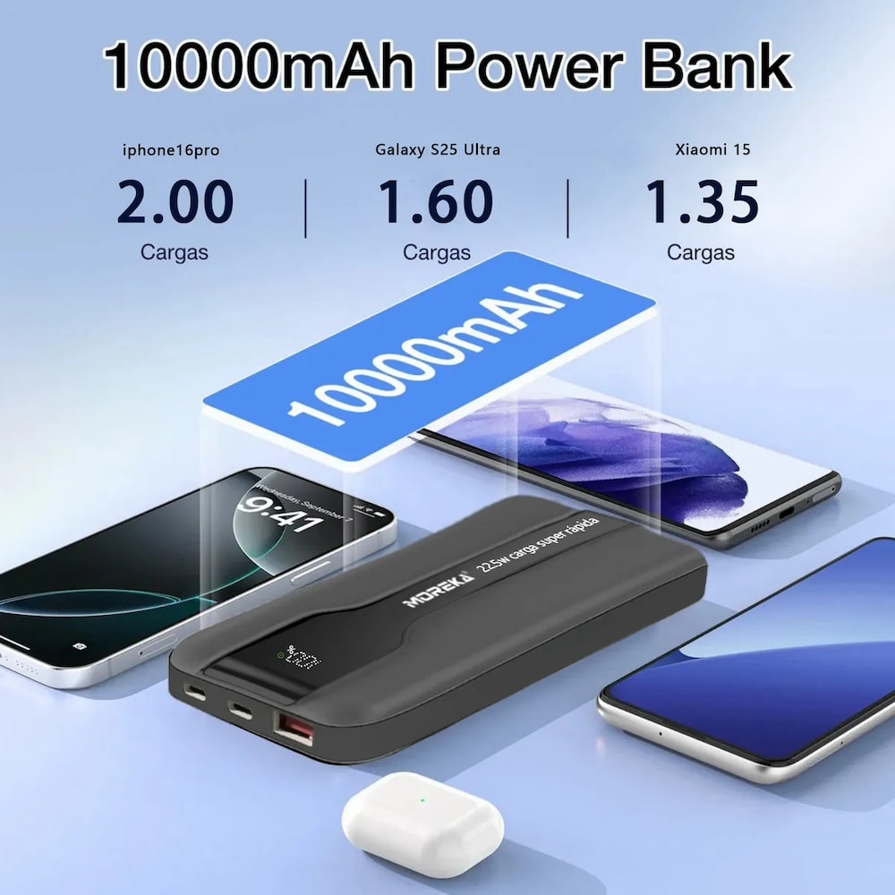 Power Bank Moreka K092 10000mAh 22.5W cables C USB Lightning y Micro USB5