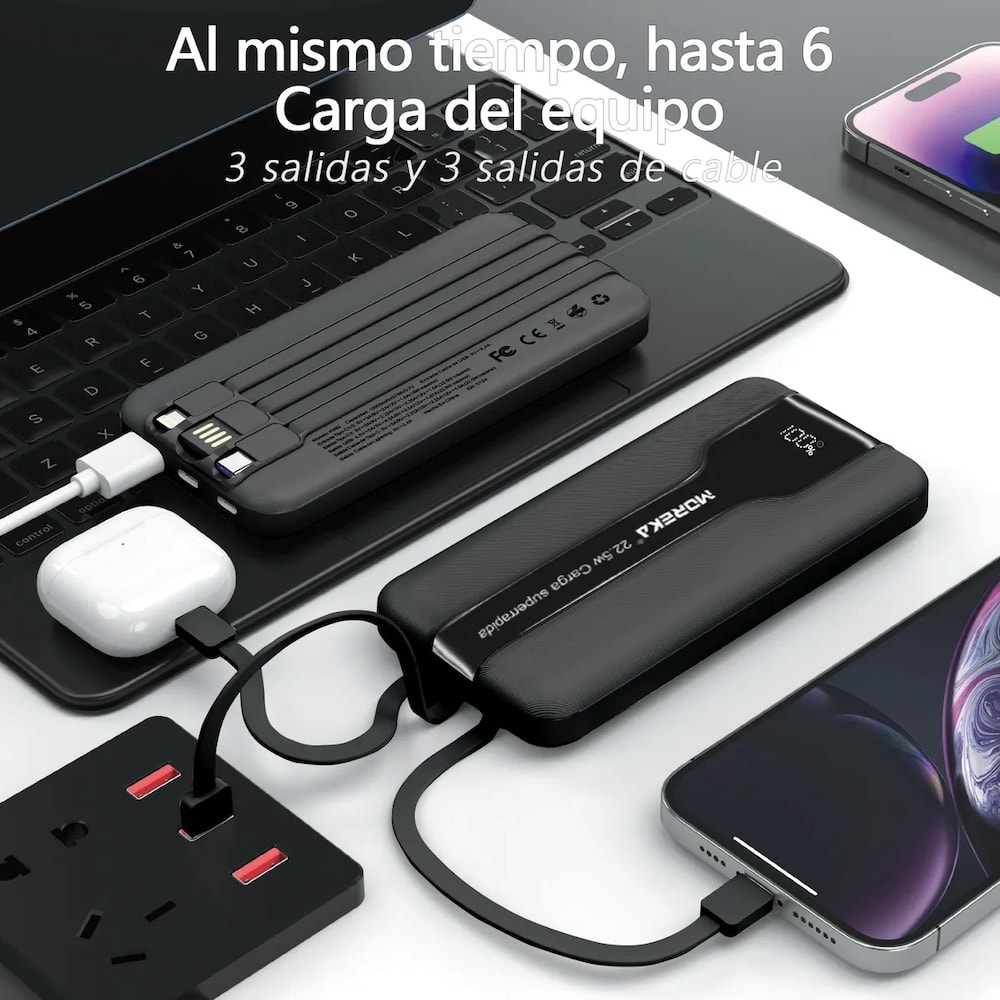 Power Bank Moreka K092 10000mAh 22.5W cables C USB Lightning y Micro USB3