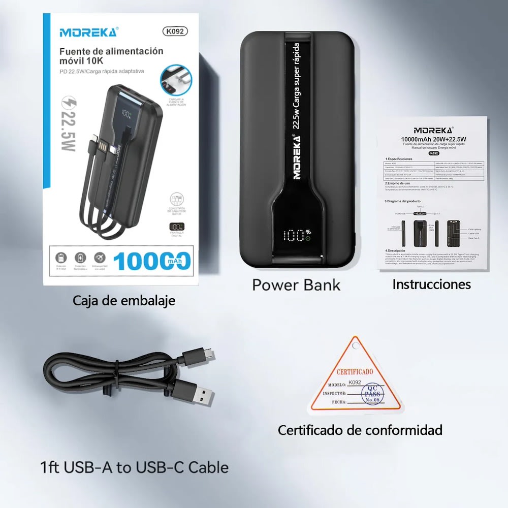 Power Bank Moreka K092 10000mAh 22.5W tres cables integrados7