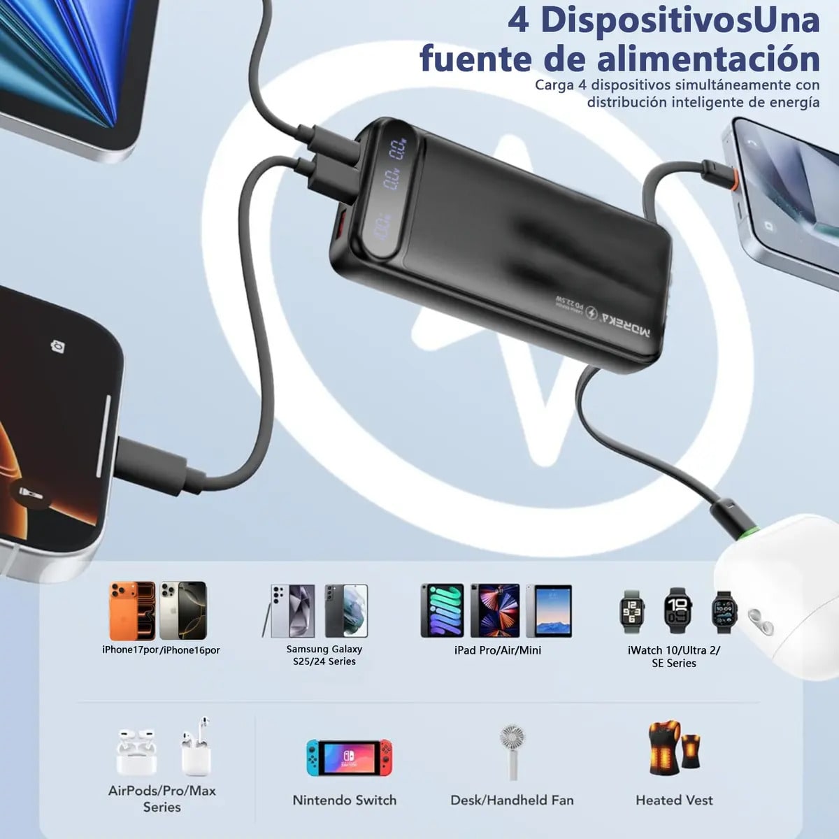 Power Bank Moreka K093 10000mAh con 3 Cables Integrados (1 x Type-C Entrada y Salida + 1 x Cable para iPhone + 1 x USB) Pantalla LED Digital Carga Inteligente3