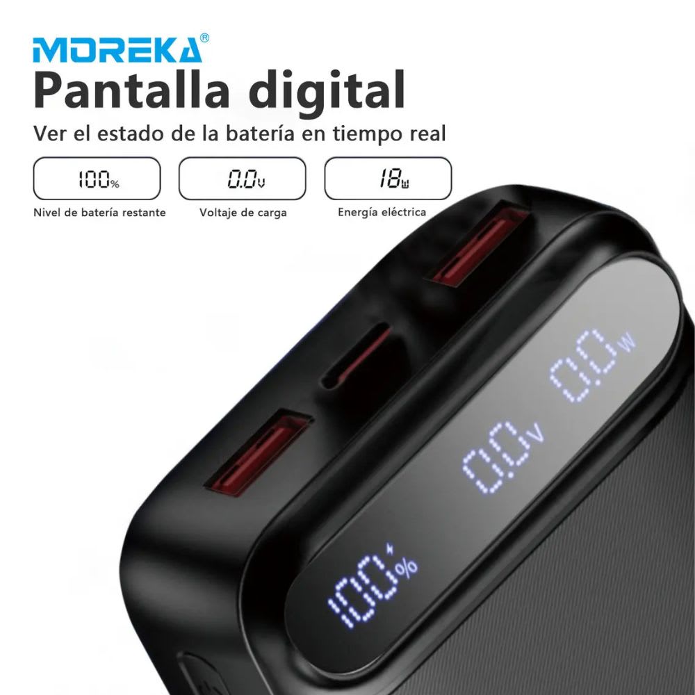 Power Bank Moreka K093 10000mAh con 3 Cables Integrados (1 x Type-C Entrada y Salida + 1 x Cable para iPhone + 1 x USB) Pantalla LED Digital Carga Inteligente4
