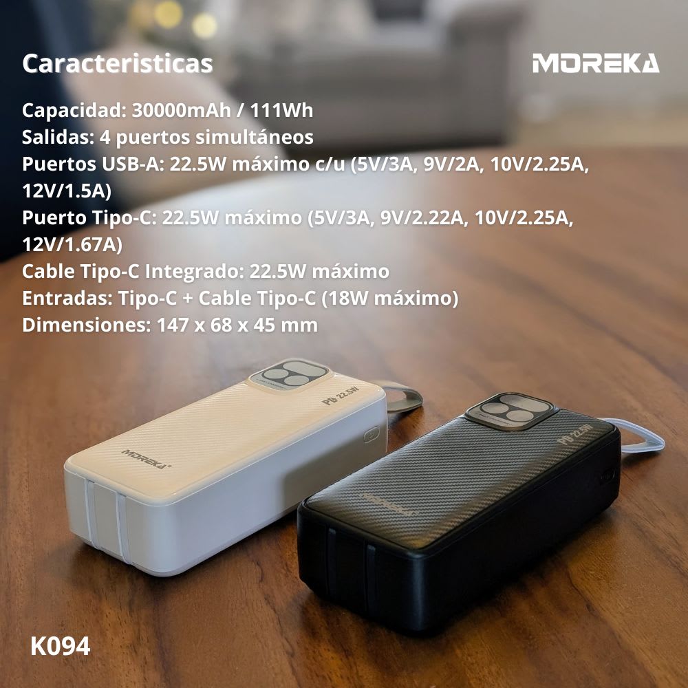 Power Bank Moreka K094 30000mAh 22.5W Cables C Lightning V85