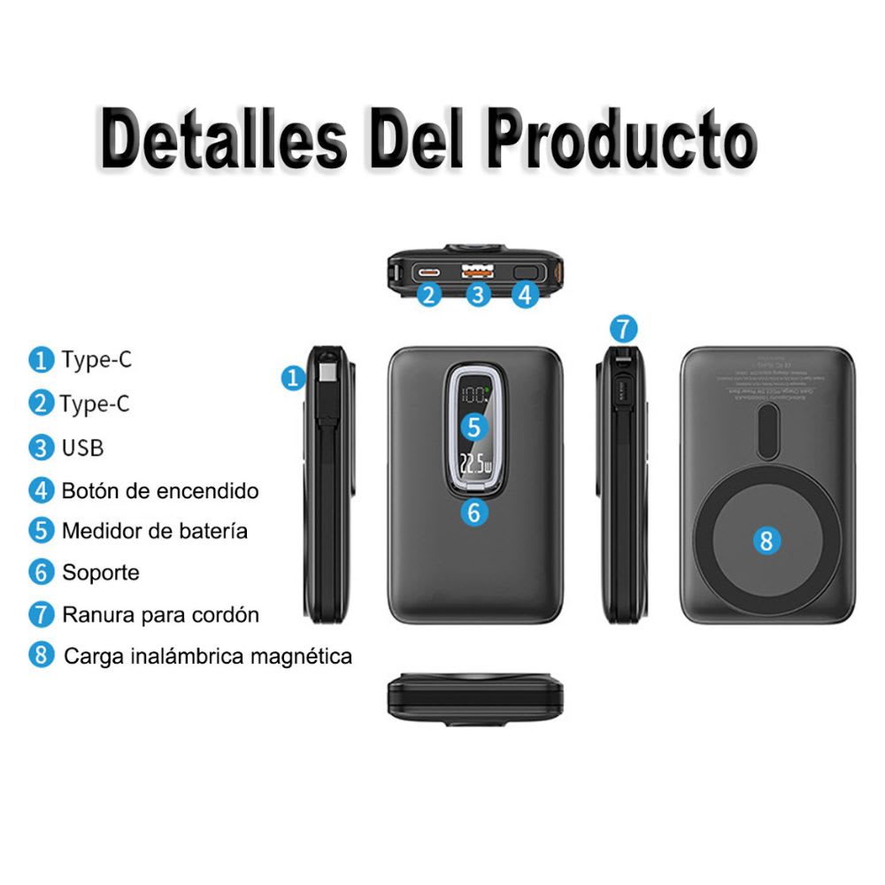 Power Bank MagSafe Moreka K096 12000mAh 22.5W Cable C incluido7