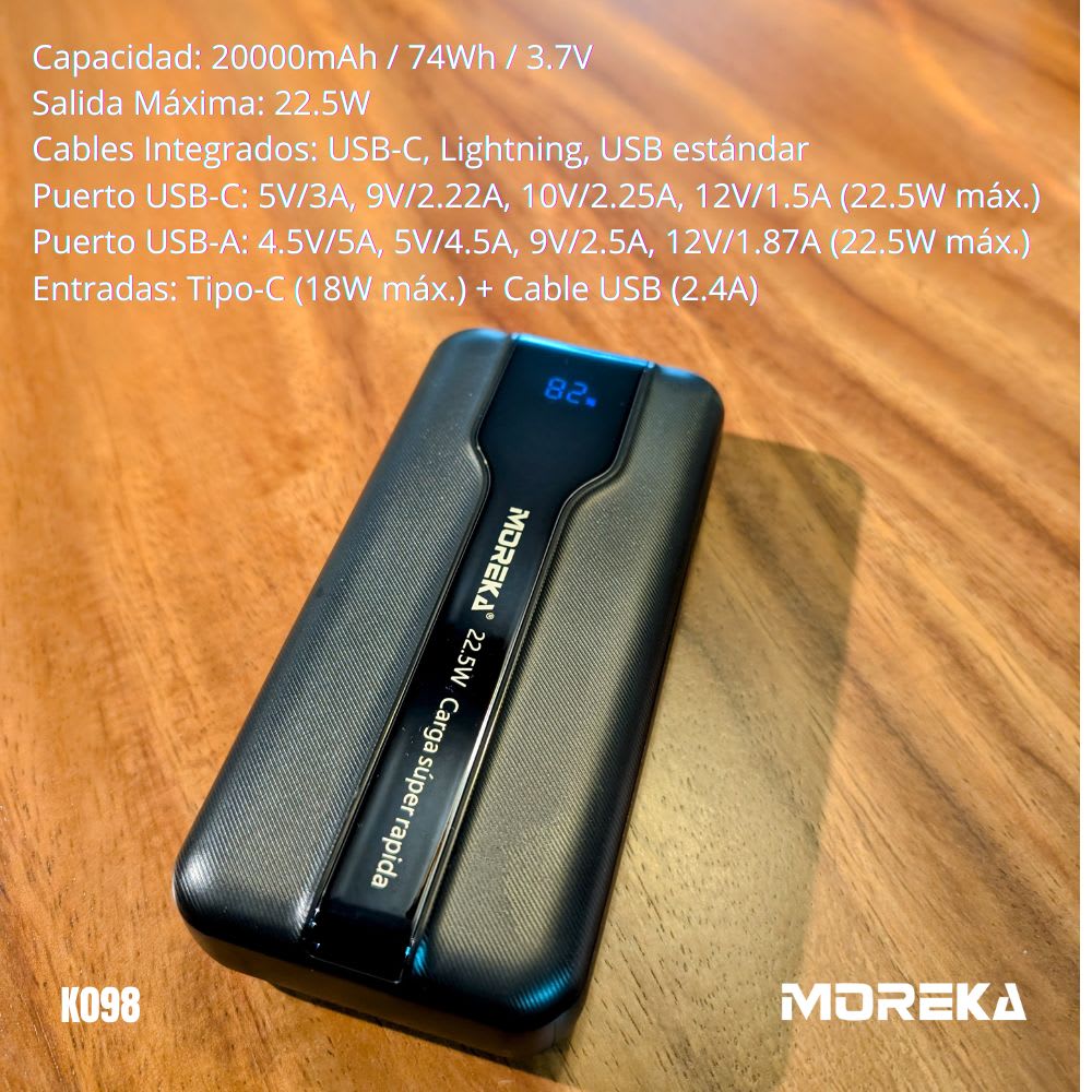 Power Bank Moreka K098 20000mAh 22.5W Cables C Lightning V87