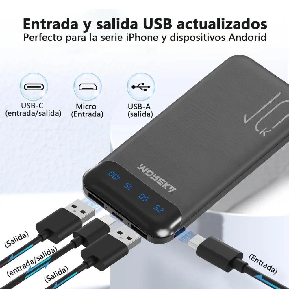 Power Bank Moreka 10000mah 37wh 3 Puertos Salida Usb C K1008