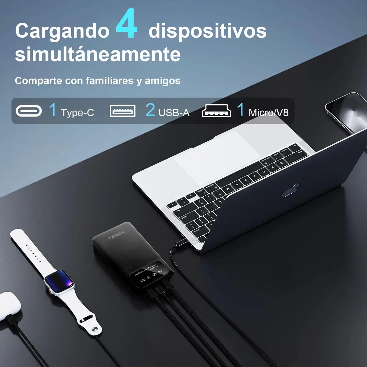 Power Bank Moreka K101 10000mAh 37Wh Puertos de Salida 2 USB + Entrada y Salida Tipo C Pantalla LED Linterna Carga Rápida7