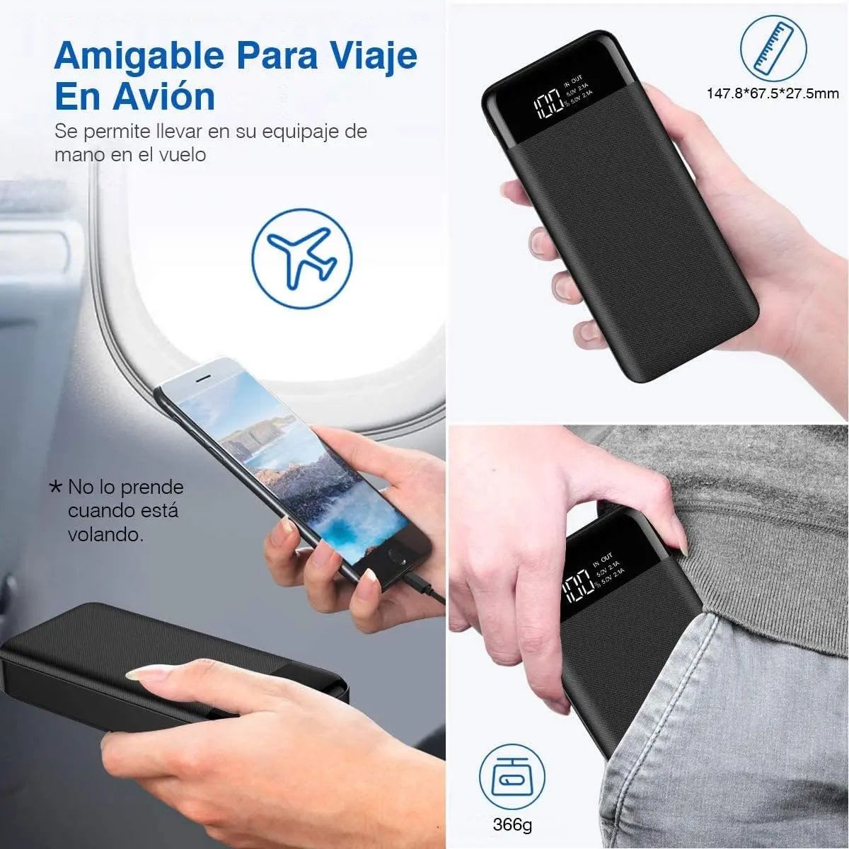 Power Bank Moreka K101 10000mAh 37Wh Puertos de Salida 2 USB + Entrada y Salida Tipo C Pantalla LED Linterna Carga Rápida3