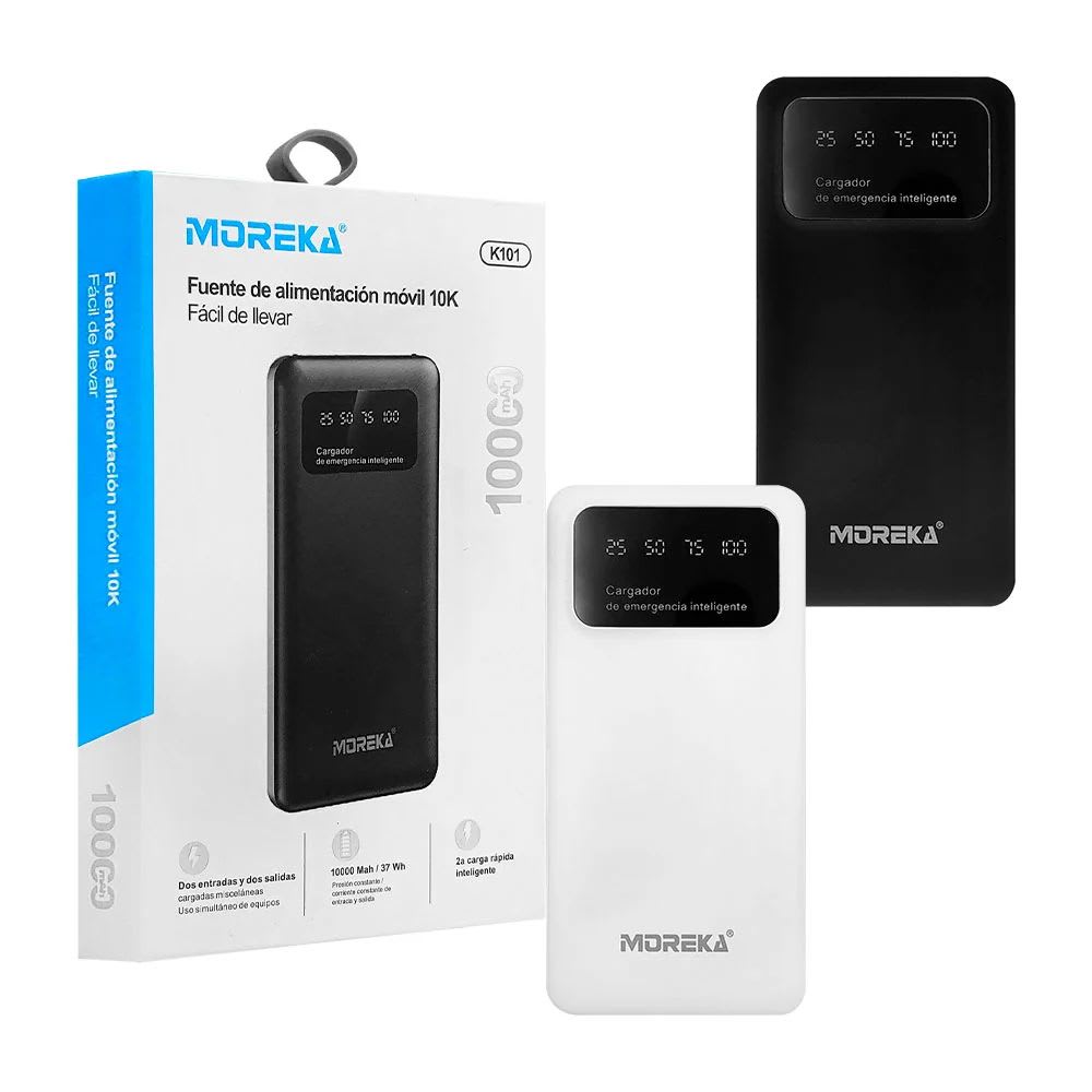 Power Bank Moreka K101 10000mAh 37Wh Puertos de Salida 2 USB + Entrada y Salida Tipo C Pantalla LED Linterna Carga Rápida9