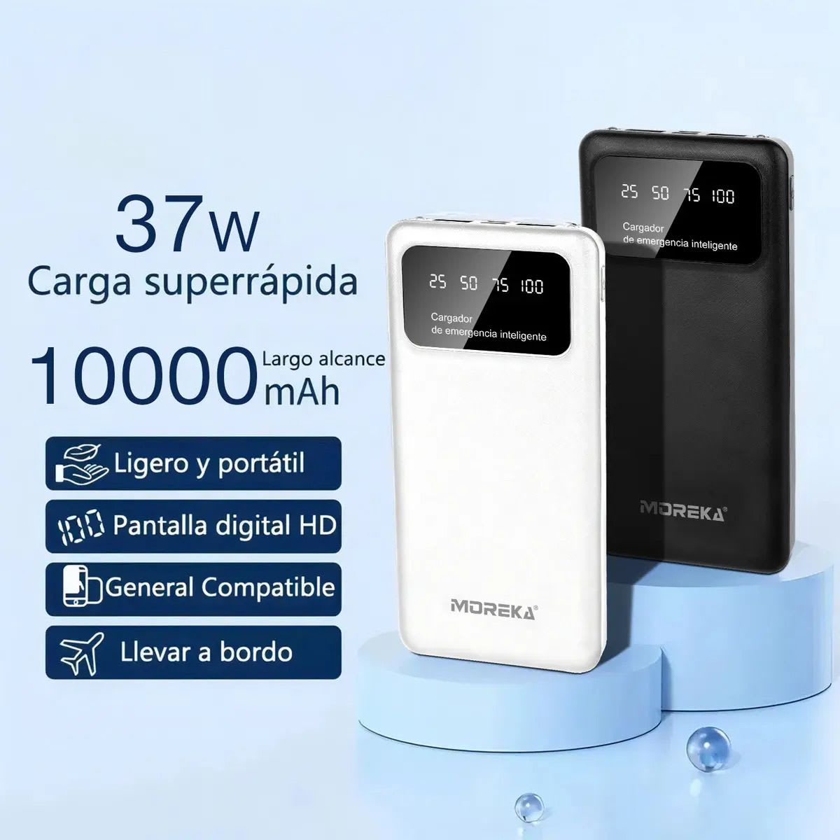 Power Bank Moreka K101 10000mAh 37Wh Puertos de Salida 2 USB + Entrada y Salida Tipo C Pantalla LED Linterna Carga Rápida8