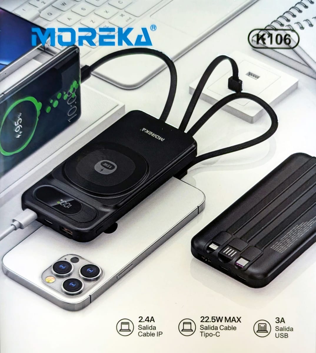 Power Bank Moreka K106 10000mAh 37Wh 15W magnética 22.5w máxima incluye cables2