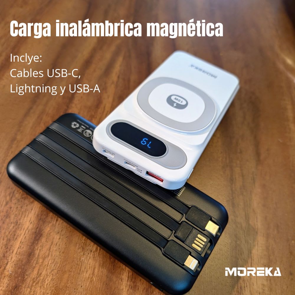 Power Bank Moreka K106 10000mAh 37Wh 15W magnética 22.5w máxima incluye cables6