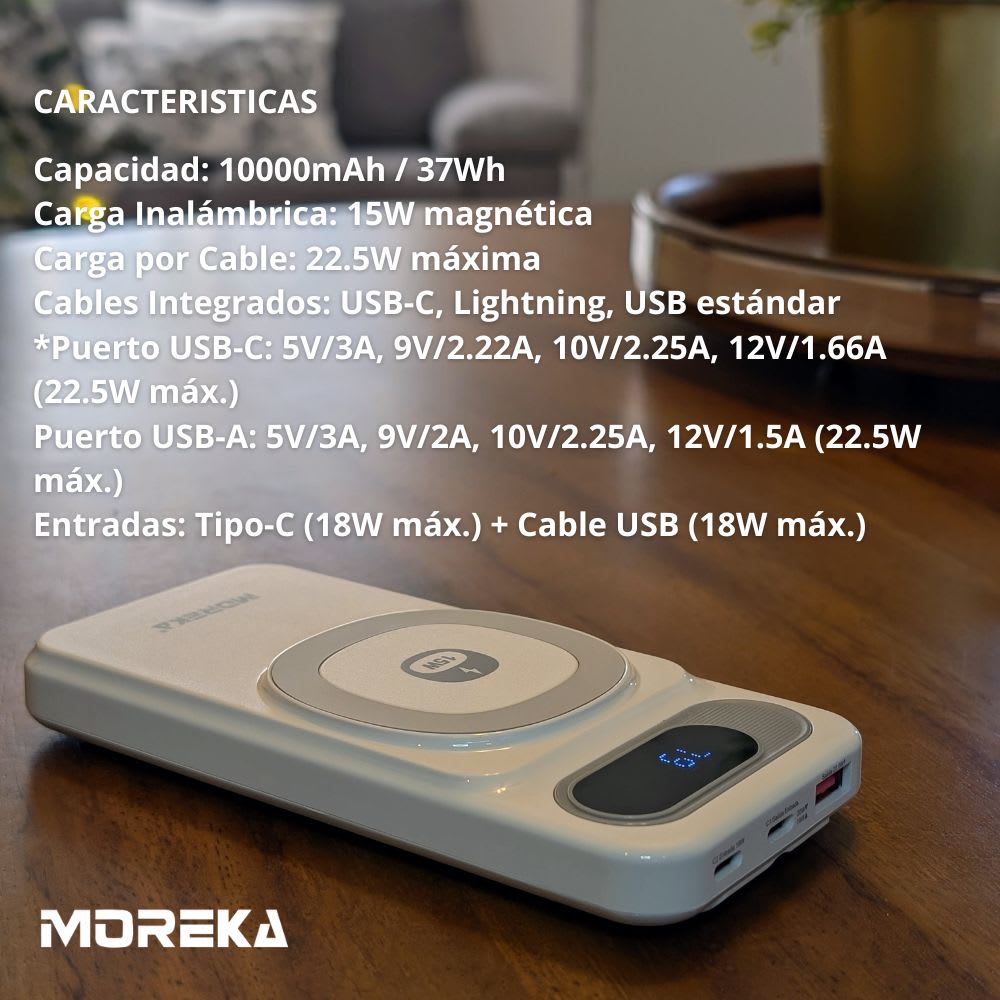 Power Bank Moreka K106 10000mAh 37Wh 15W magnética 22.5w máxima incluye cables4