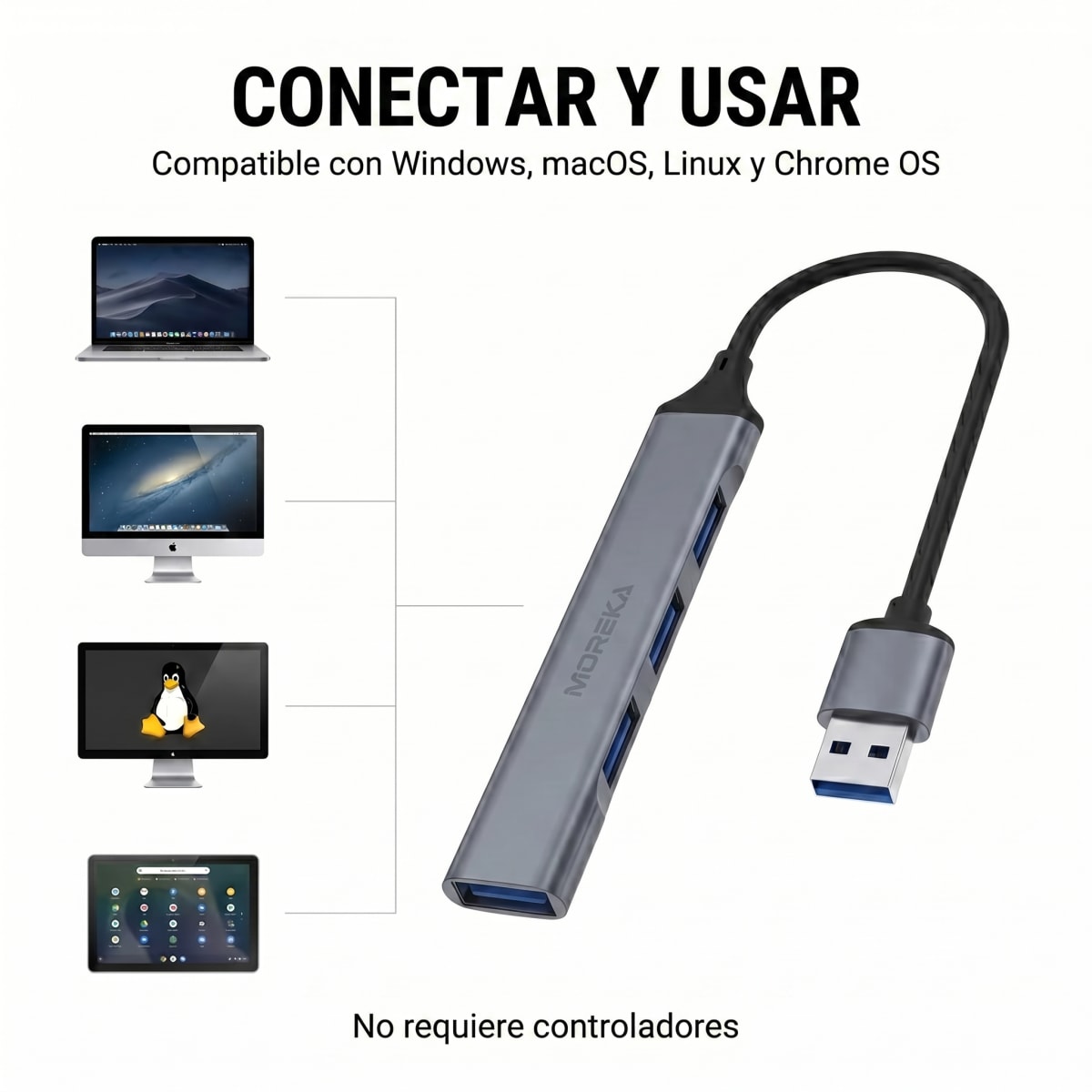 Hub USB 3.0 Moreka KZ02 4 en 1 Alta Velocidad Plug & Play4
