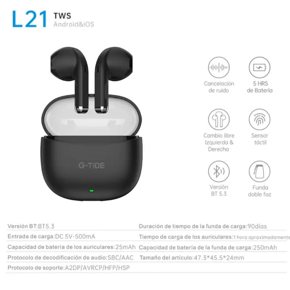 Audífonos Bluetooth Cancelación de Ruido Sport 25mAh + estuche 300mAh IPX4 G-TIDE L2110