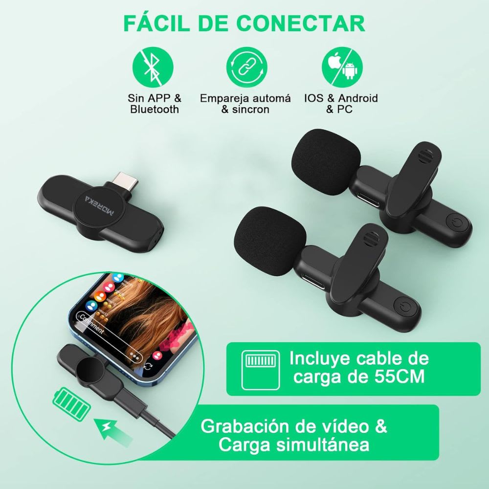 Paquete de 2 micrófonos inalámbricos  reducción de ruido con clip para grabación de vlog Moreka ML-033